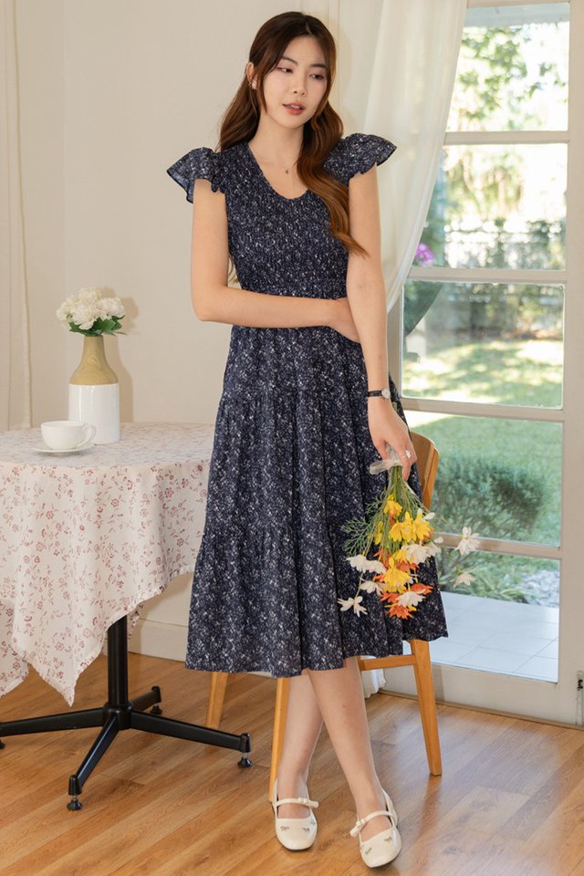 *Preorder - 8/9 Feb* ACW Flutter Sleeve Smocked Midi Dress in Navy Prints