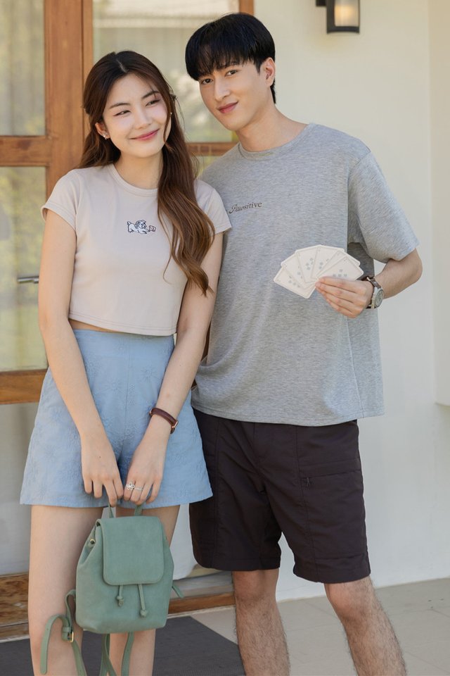 ACW Poker Card Pug Embroidered Round Neck Crop Top in Sand