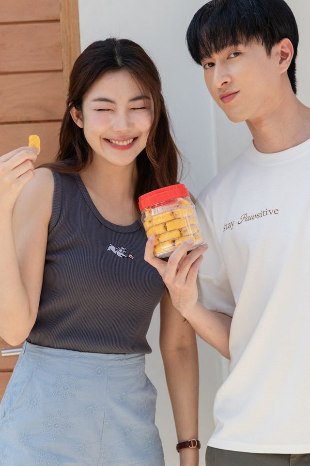 ACW Poker Card Pug Embroidered Sleeveless Ribbed Knit Top in Dark Grey