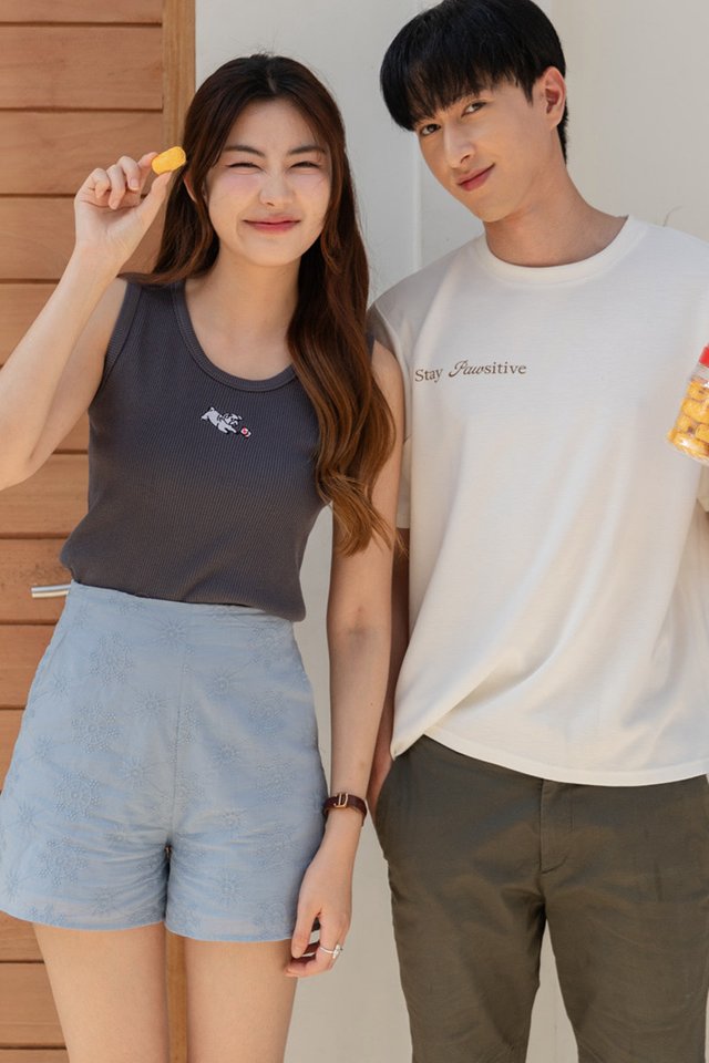 ACW Poker Card Pug Embroidered Sleeveless Ribbed Knit Top in Dark Grey