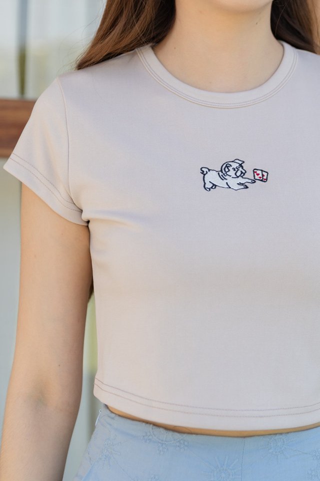 ACW Poker Card Pug Embroidered Round Neck Crop Top in Sand