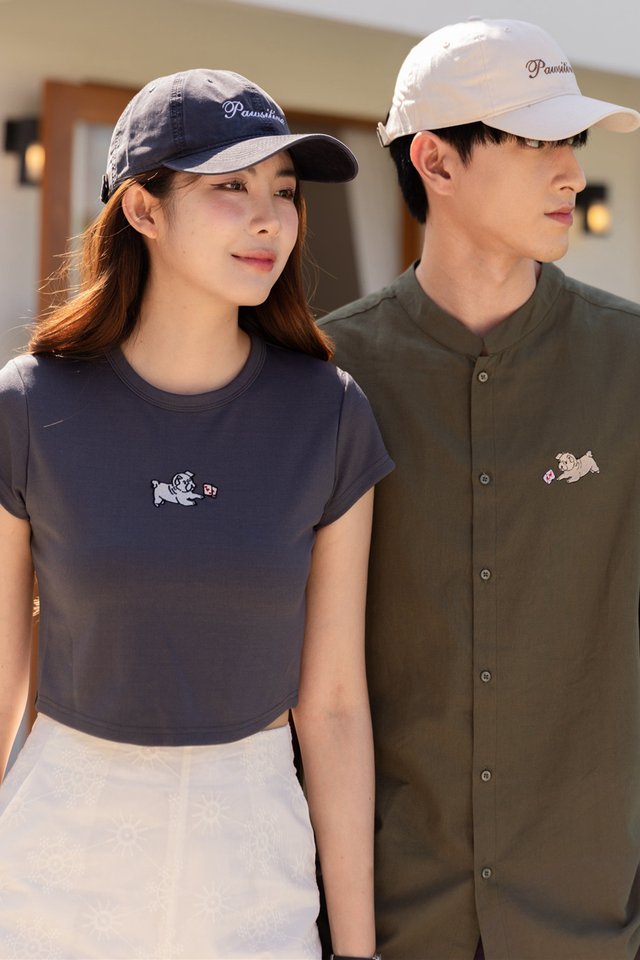 ACW Poker Card Pug Embroidered Round Neck Crop Top in Deep Ash Stone Blue