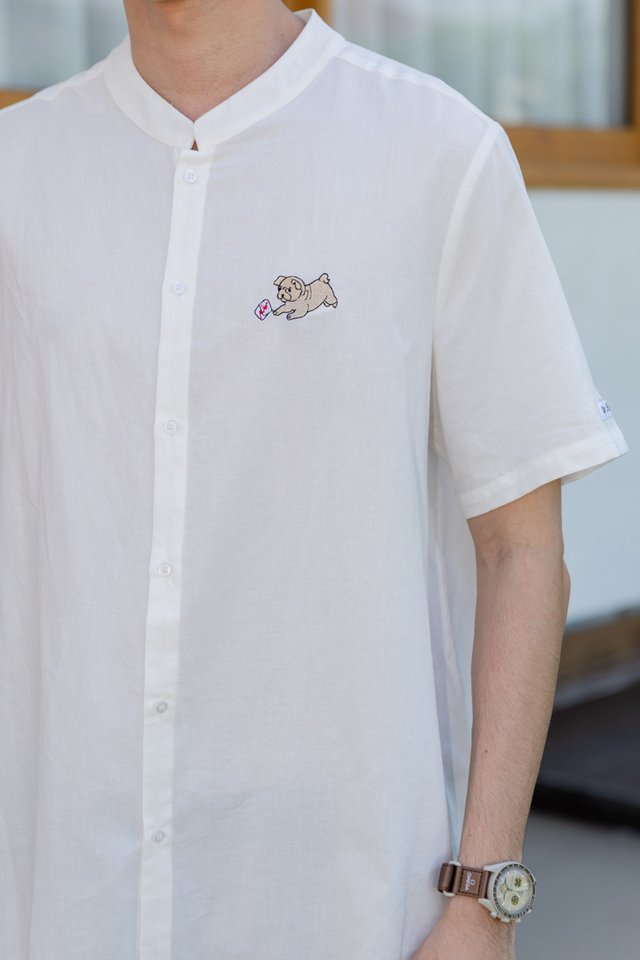 *Preorder - 6/7 Feb* ACW Poker Card Pug Mandarin Collar Men's Shirt in White