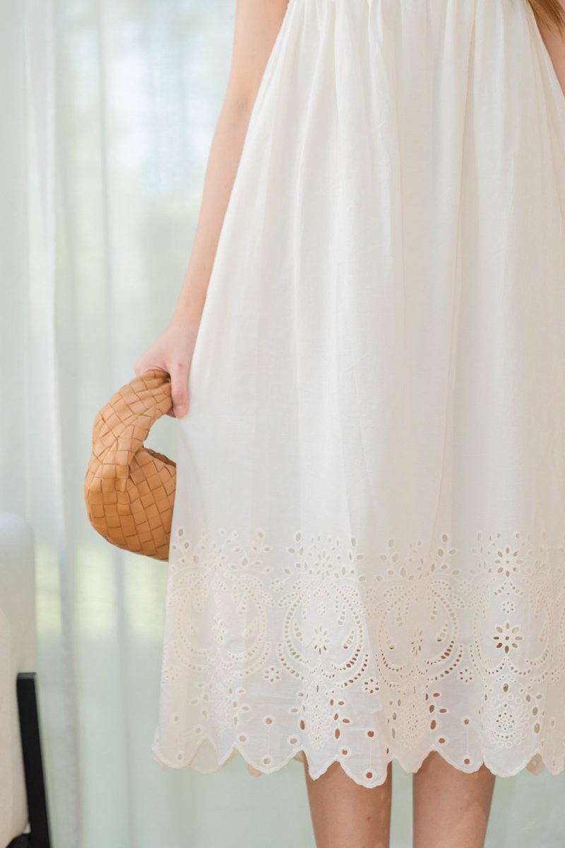BACK IN STOCK* ACW Eyelet Hemline Thick Strap Flowy Midi Dress in Ivory |  Anticlockwise
