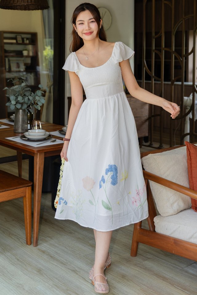 ACW Pastel Field Garden Thick Smock Waistband Midi Dress