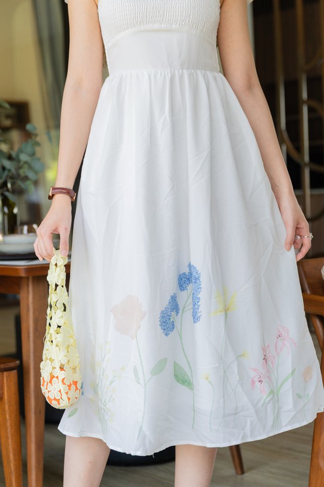 ACW Pastel Field Garden Thick Smock Waistband Midi Dress