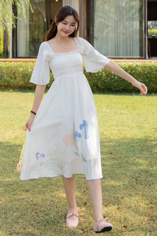 ACW Pastel Field Garden Mid Sleeve Smock Midi Dress