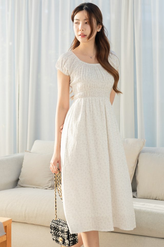 ACW Elastic Waist Puff Sleeve Midi Dress in Soft Grey Florals