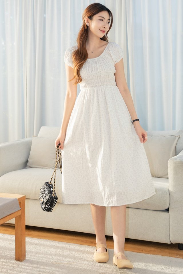 ACW Elastic Waist Puff Sleeve Midi Dress in Soft Grey Florals