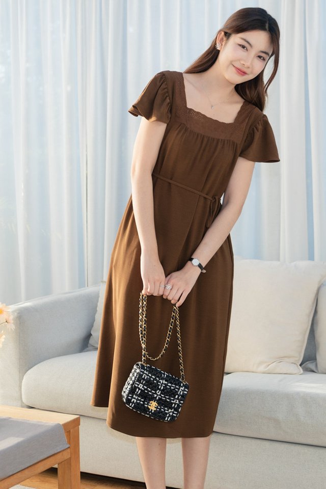 ACW Crotchet Neckline Flutter Sleeve Flowy Midi Dress in Cocoa