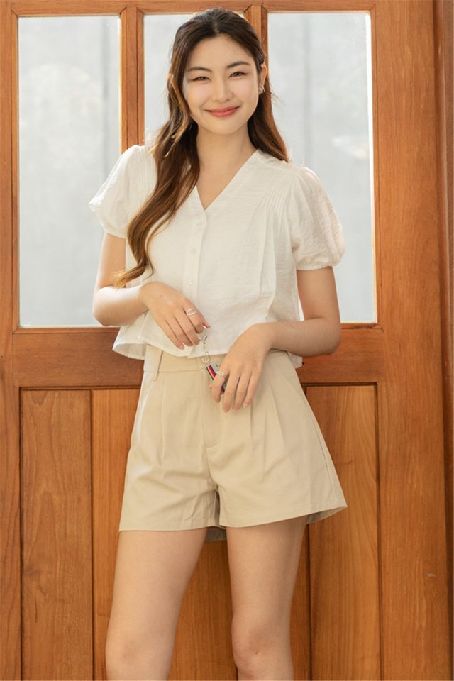 ACW V Neck Puff Sleeve Button Down Crop Blouse in White