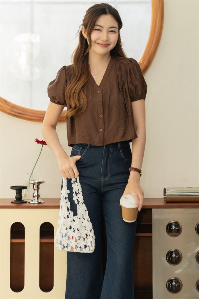 ACW V Neck Puff Sleeve Button Down Babydoll Top in Cocoa