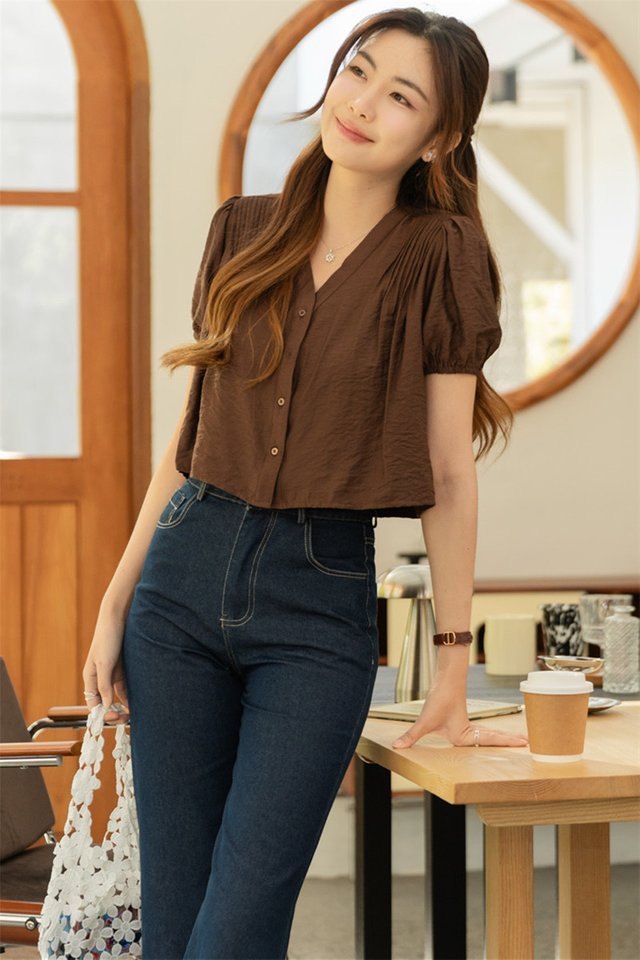 ACW V Neck Puff Sleeve Button Down Babydoll Top in Cocoa