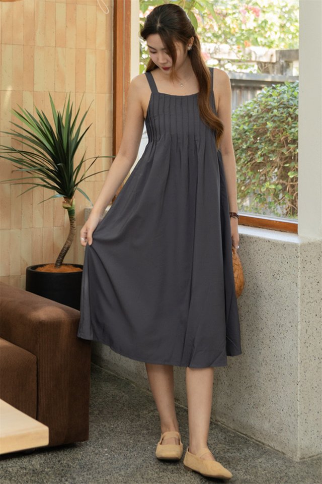ACW Thick Strap Panelling Midi Dress in Stone Blue