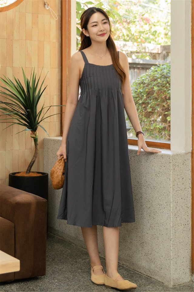 ACW Thick Strap Panelling Midi Dress in Stone Blue