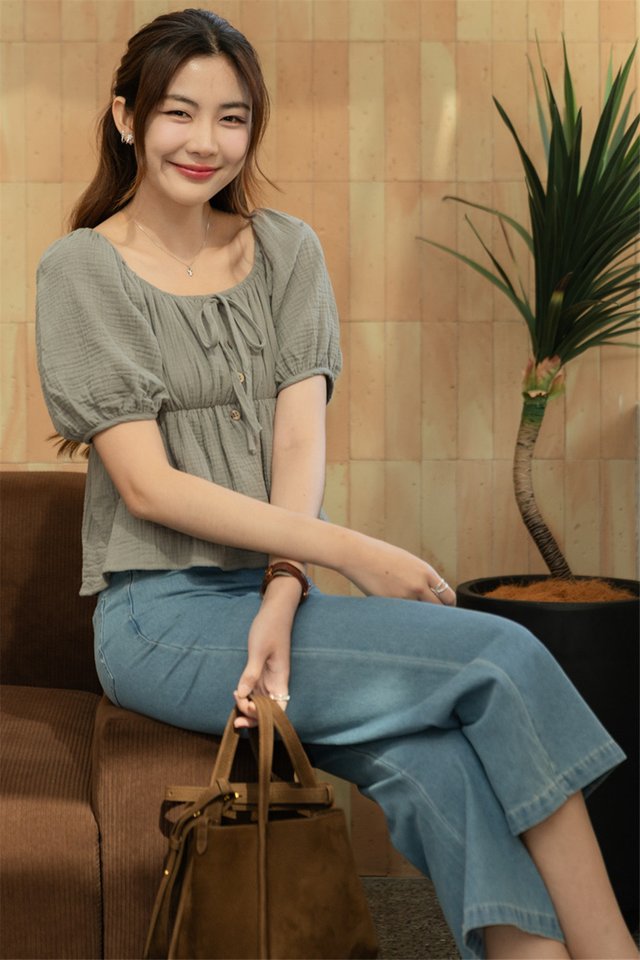 ACW Balloon Sleeve Button Panel Babydoll Blouse in Olive