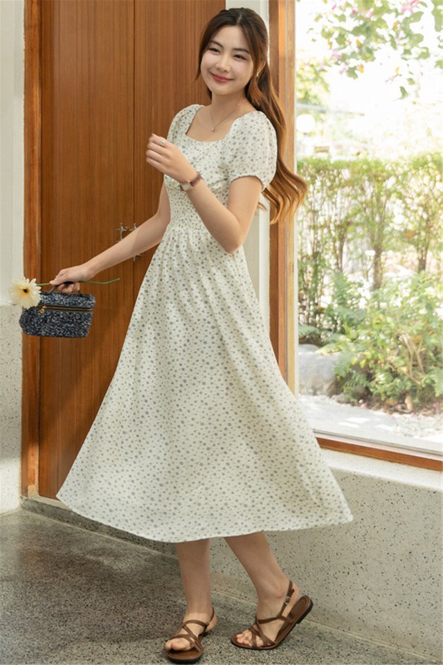 ACW Square Neck Puff Sleeve Thick Smock Waist Midi Dress in White Garden Floral