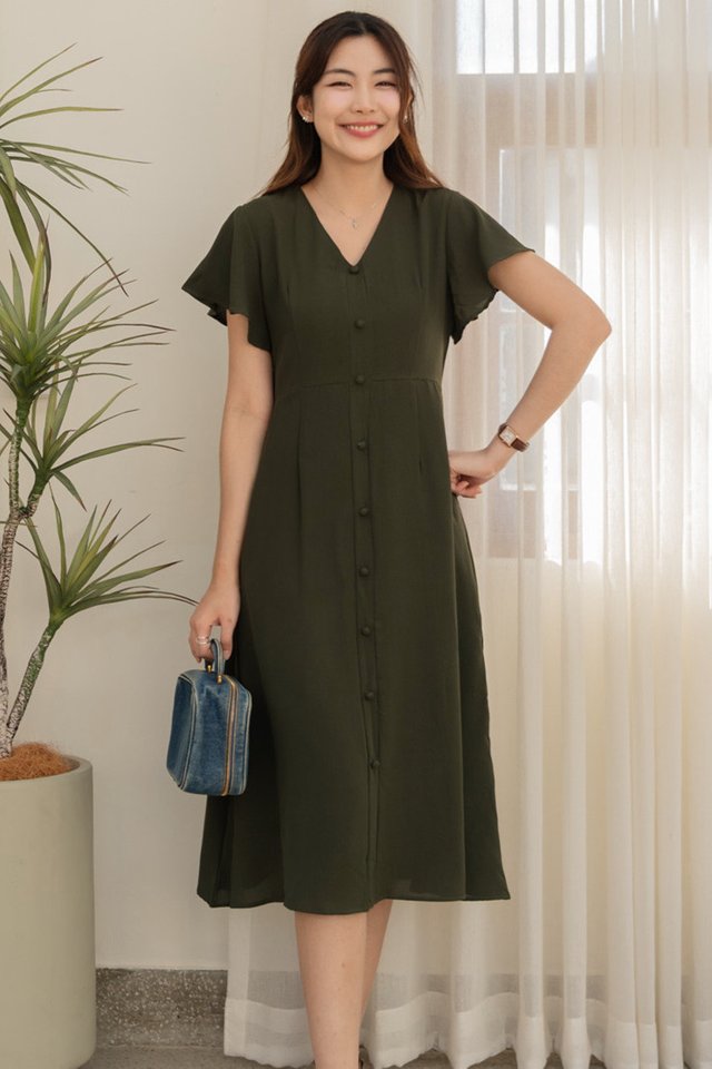 ACW Button Panel Flutter Sleeve Flowy Midi Dress in Olive