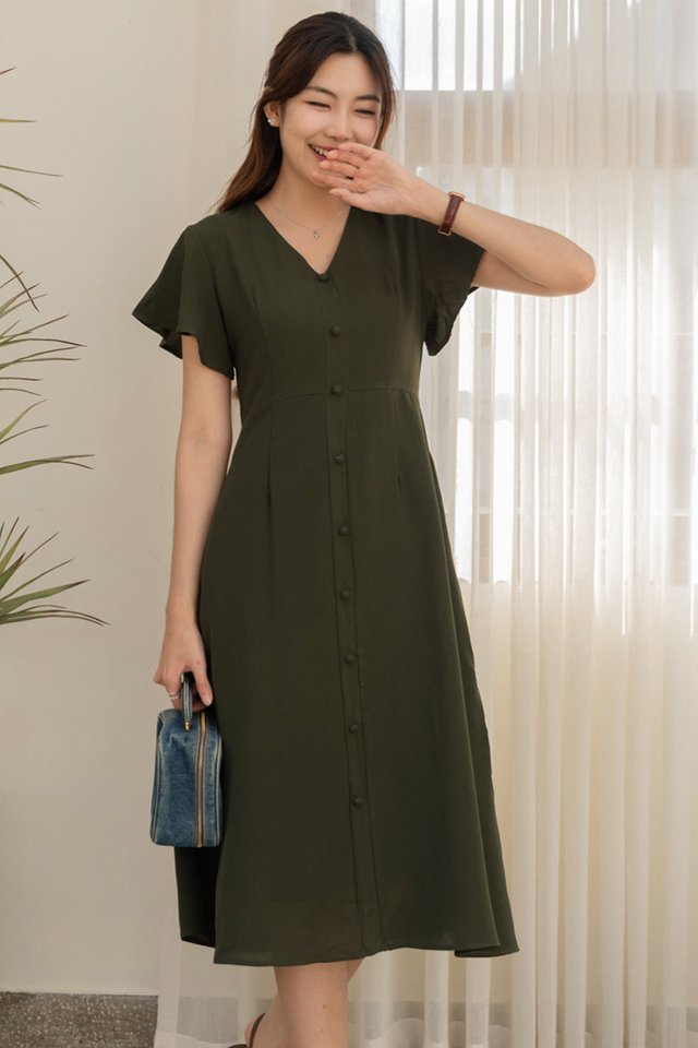 ACW Button Panel Flutter Sleeve Flowy Midi Dress in Olive