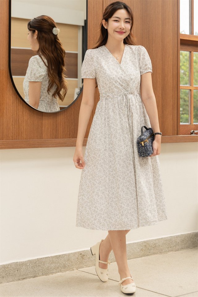ACW Adjustable Drawstring Wrap Sleeve Midi Dress in Grey Floral