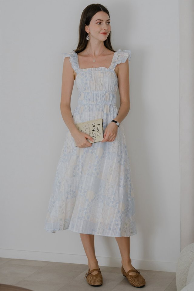 *Preorder* ACW Ruffle Tiered Straps Midi Dress in Blue Batik Pattern Print