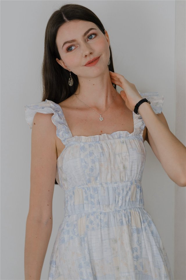 *Preorder* ACW Ruffle Tiered Straps Midi Dress in Blue Batik Pattern Print