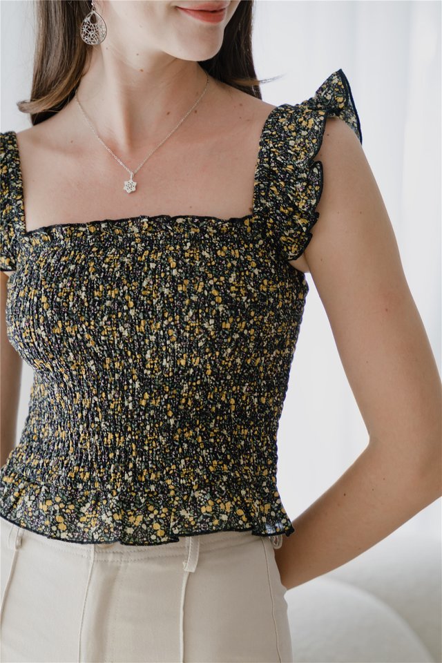 *Preorder* ACW Frill Straps Smocked Babydoll Top in Black Floral