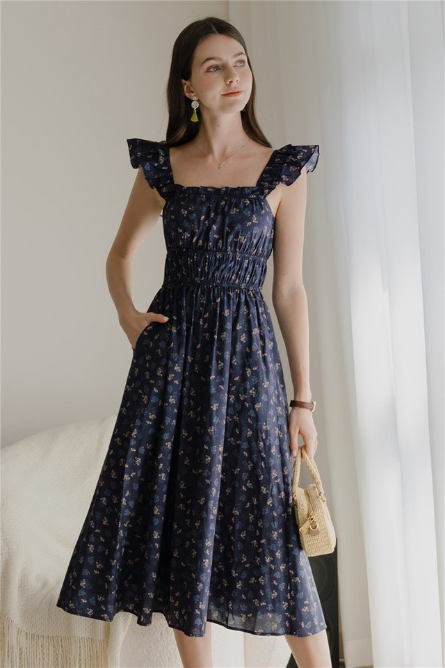 *Preorder* ACW Ruffle Tiered Straps Midi Dress in Navy Florals