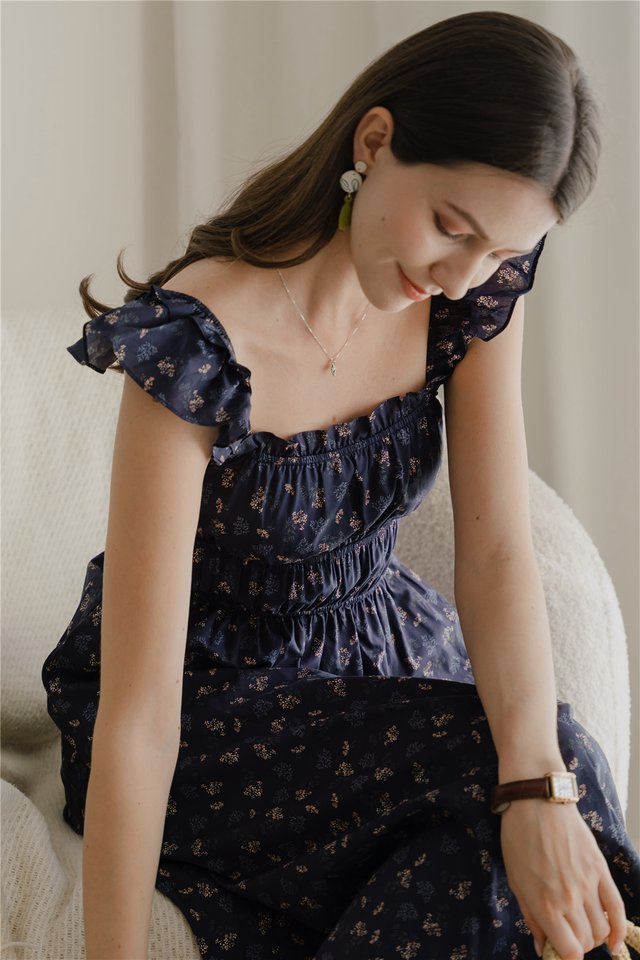 *Preorder* ACW Ruffle Tiered Straps Midi Dress in Navy Florals
