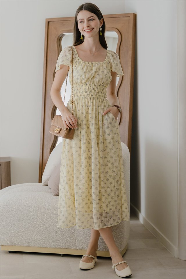 *Preorder* ACW Scoop Neck Duo Elastic Waist Midi Dress in Butter Florals