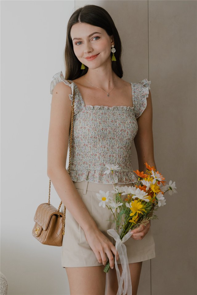 *Preorder* ACW Frill Straps Smocked Babydoll Top in White Floral