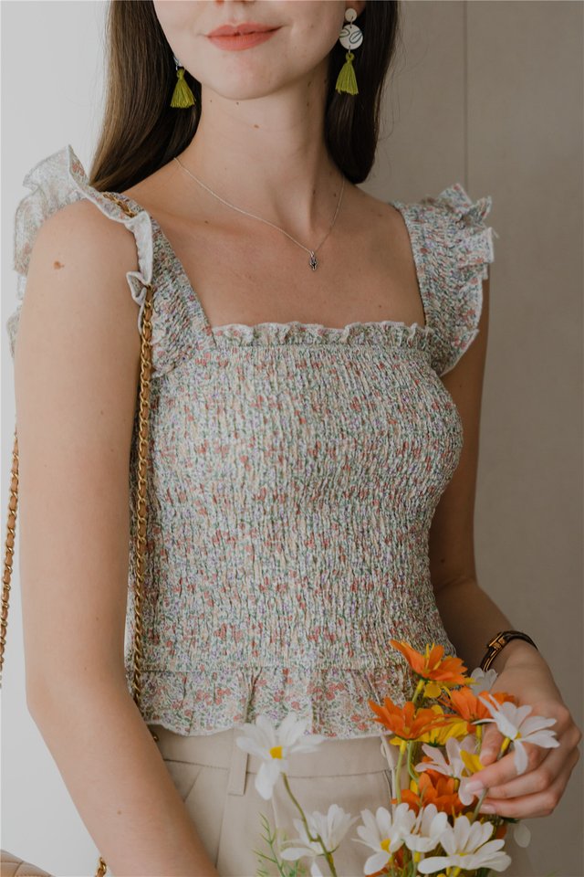 *Preorder* ACW Frill Straps Smocked Babydoll Top in White Floral
