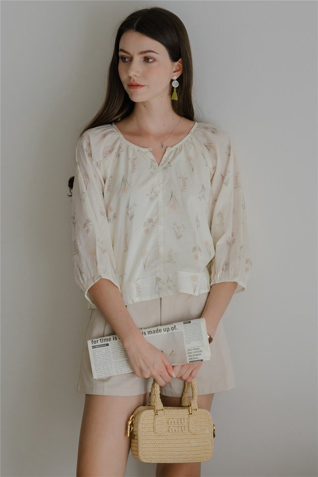 *Preorder* ACW Balloon Sleeve Button Down Blouse in Creme Florals
