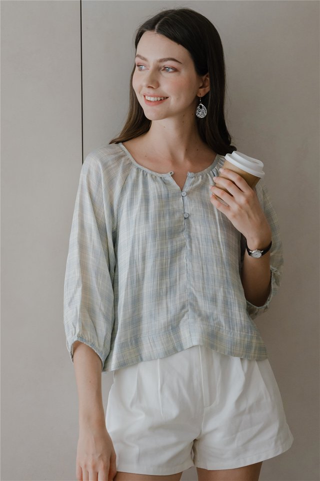 *Preorder* ACW Balloon Sleeve Button Down Blouse in Sky Checks