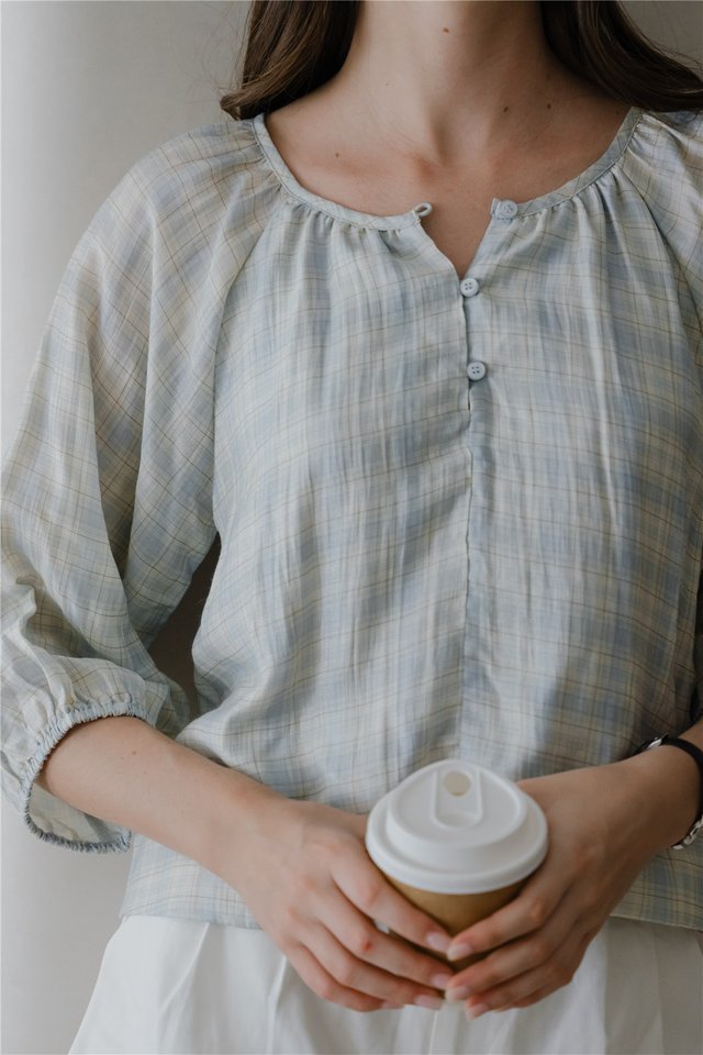 *Preorder* ACW Balloon Sleeve Button Down Blouse in Sky Checks