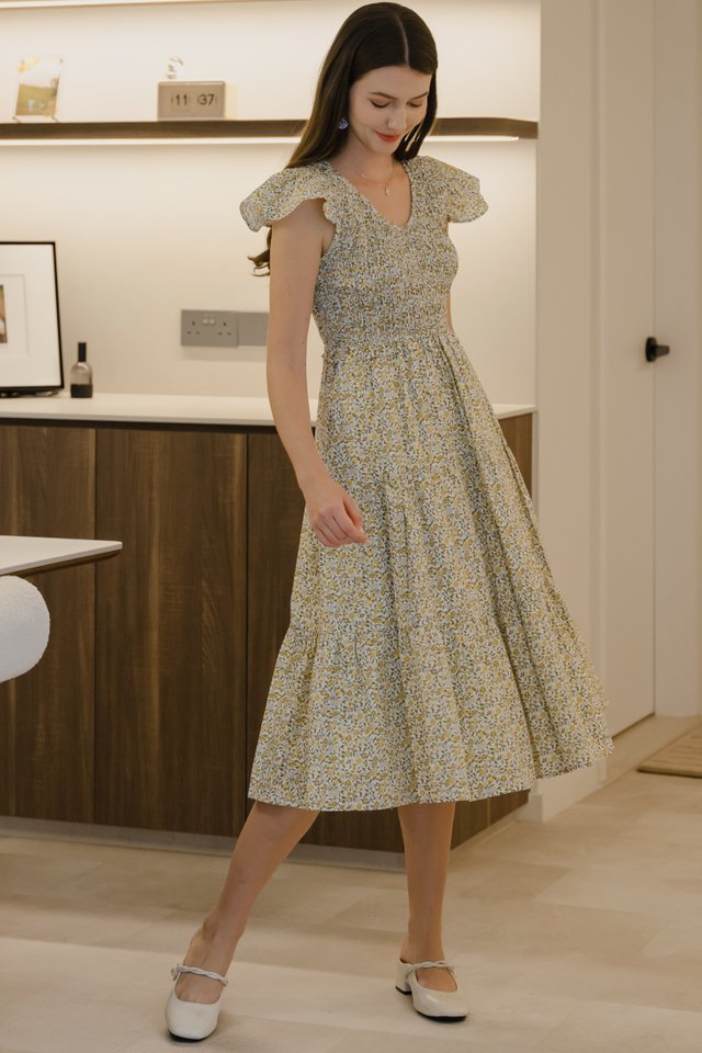 *Prerorder* ACW Frill Flutter Sleeves Smocked Midi Dress in Yellow Garden Floral
