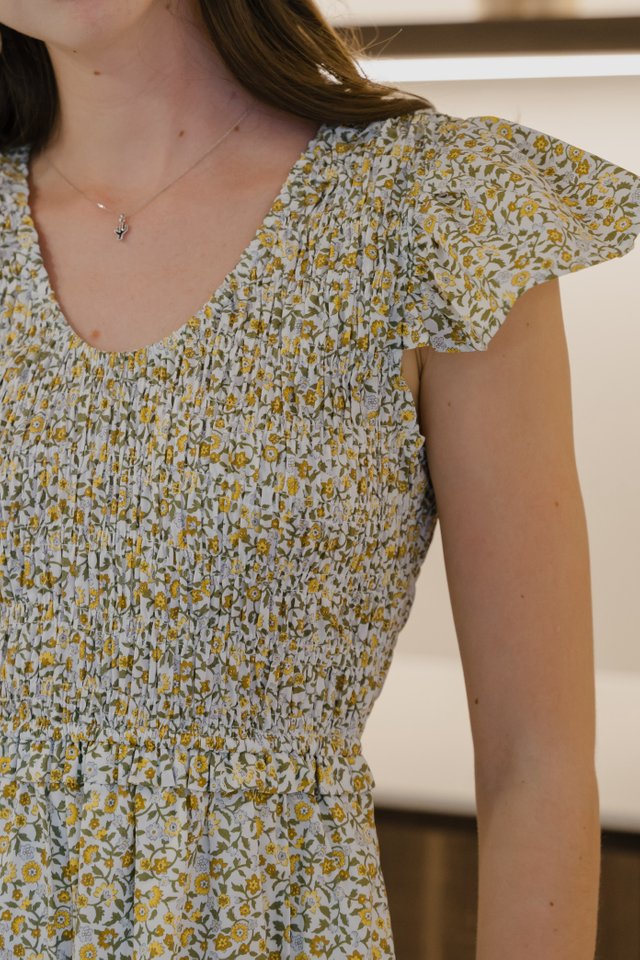*Prerorder* ACW Frill Flutter Sleeves Smocked Midi Dress in Yellow Garden Floral