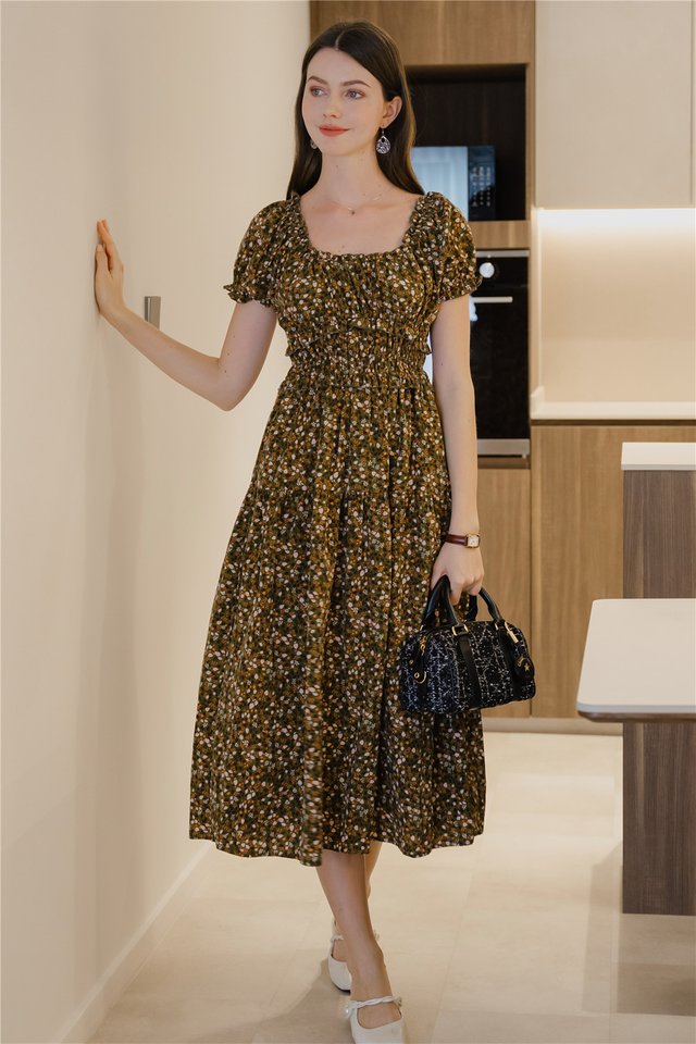 *Preorder* ACW Scoop Neck Ruffle Tier Midi Dress in Deep Olive Fauna Print