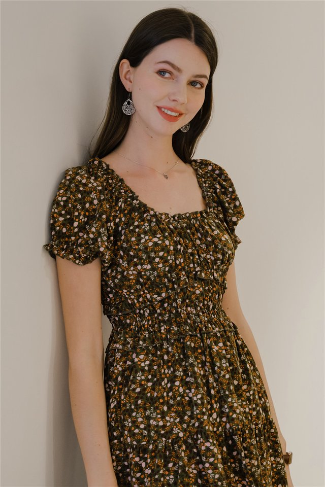 *Preorder* ACW Scoop Neck Ruffle Tier Midi Dress in Deep Olive Fauna Print