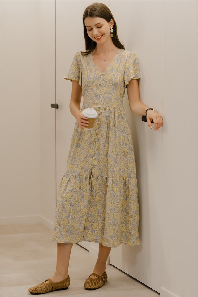 *Preorder* ACW Drop Hem Flutter Sleeves Button Down Midi Dress in Buttercreme Floral