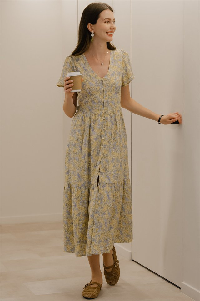 *Preorder* ACW Drop Hem Flutter Sleeves Button Down Midi Dress in Buttercreme Floral