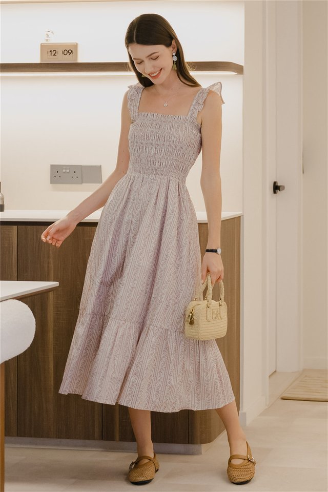 *Preorder* ACW Flutter Sleeve Drop Hem Smocked Midi Dress in Patchwork Pattern