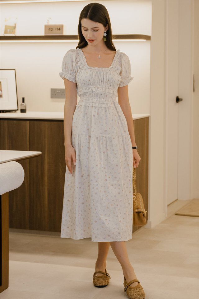 *Preorder* ACW Scoop Neck Ruffle Tier Midi Dress in Creme Florals