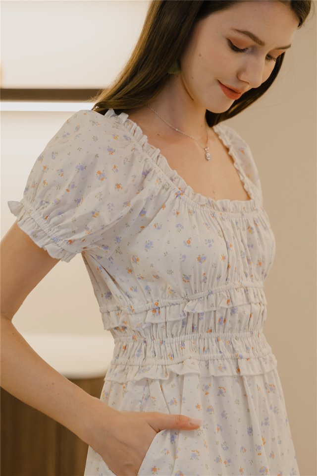 *Preorder* ACW Scoop Neck Ruffle Tier Midi Dress in Creme Florals