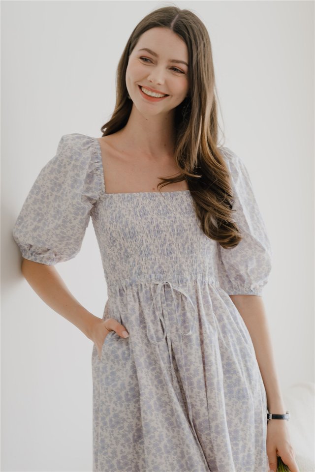 *Preorder* ACW Smocked Balloon Sleeve Midi Dress in Blue Porcelain Florals