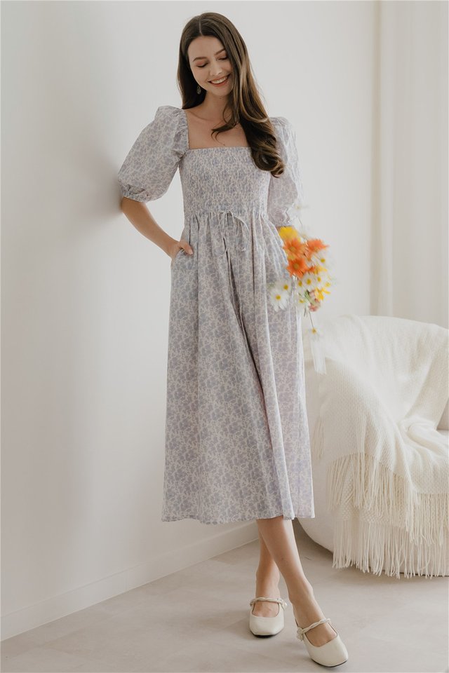 *Preorder* ACW Smocked Balloon Sleeve Midi Dress in Blue Porcelain Florals