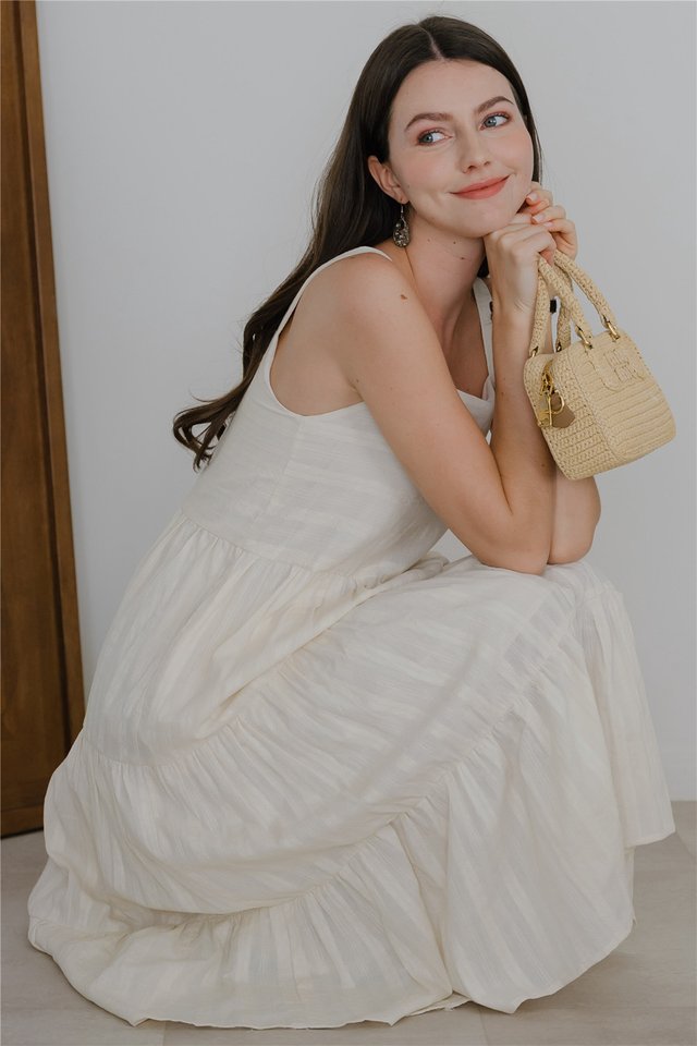 *Preorder* ACW Thick Strap Tiered Eyelet Midi Dress in Cream