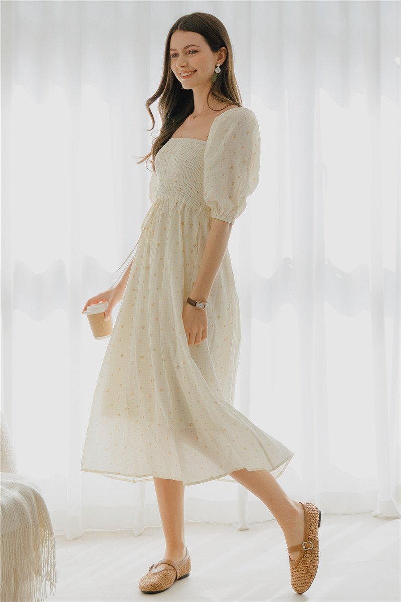 ACW Smocked Balloon Sleeve Midi Dress in Daffodil Florals