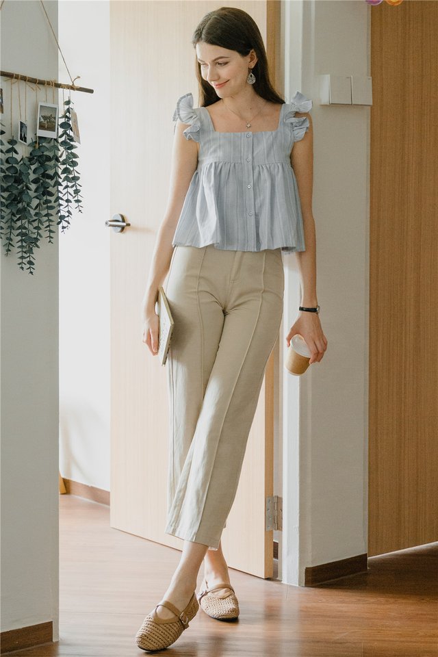 ACW Frill Sleeveless Button Down Top in Sky Pinstripes