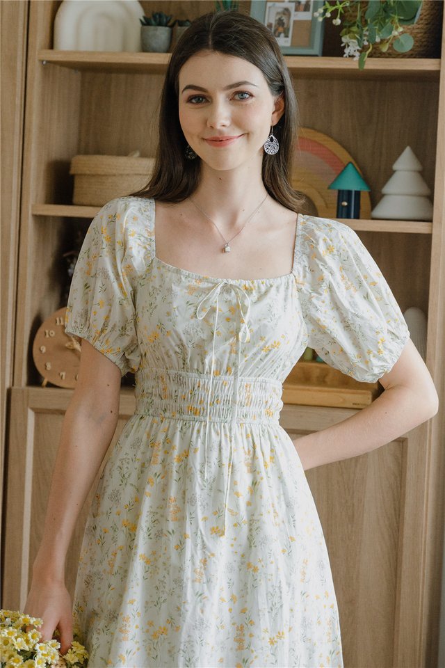 ACW Ruched Double Waisted Puff Sleeve Midi Dress in Cream Floral